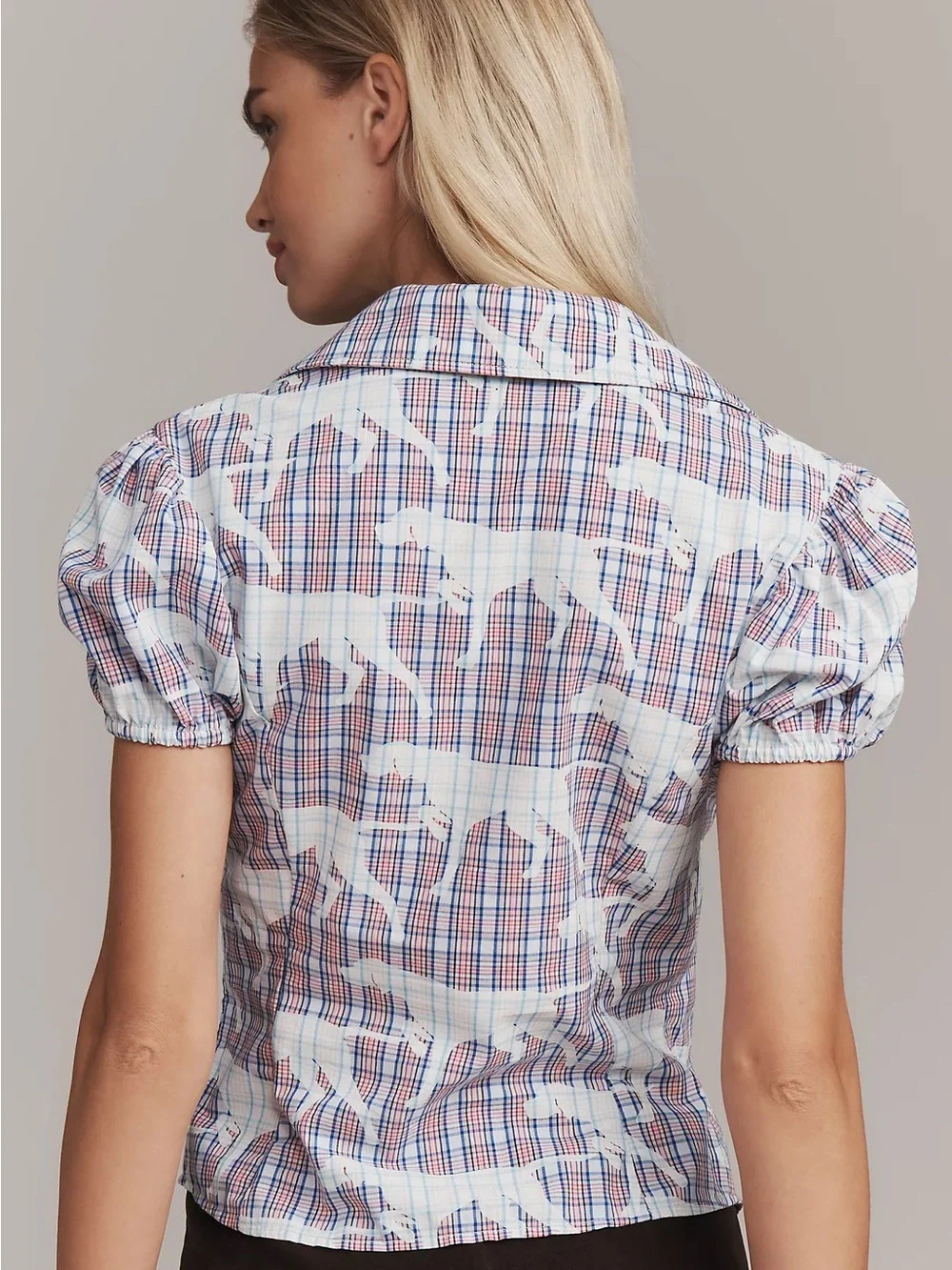 Maeve White Plaid Dog Puff-Sleeve Button Front Blouse